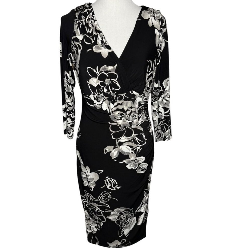 Lauren Ralph Lauren Black White Floral Ruched Dress Size 10 Surplice NeckLine